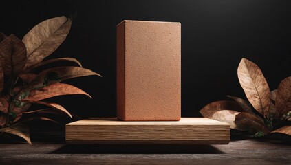A rustic brown rectangular box sits on a wooden platform, flanked by dried brown leaves against a dark background; dramatic lighting emphasizes texture