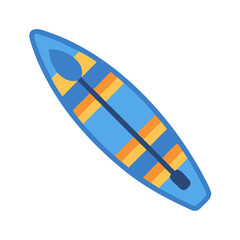 Flat illustration of blue surfboard with paddle and orange stripes on black background