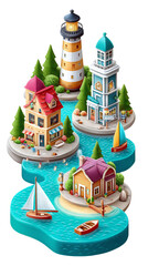 A colorful, cartoon-style depiction of a coastal village featuring lighthouses, houses, boats, and lush trees along a winding waterway.