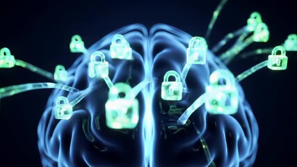 Futuristic animation of a digital brain with glowing padlock icons representing cybersecurity and intellectual property protection
 - Powered by Adobe
