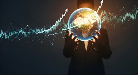 Person holding a glowing Earth, surrounded by financial graphs, symbolizing global growth.