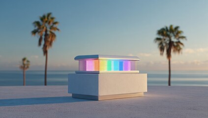 A sleek, white, rectangular structure with vibrant rainbow-lit inner panels sits on a seaside patio, backlit by a tranquil sunrise and framed by two tall palm trees