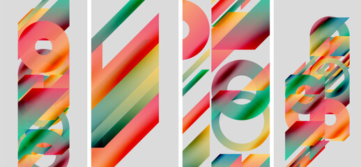 Abstract geometric composition. Colorful overlapping shapes create dynamic visual rhythm. Modern design, clean lines, vibrant hues.