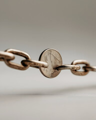 A close-up of a rusty chain with a coin threaded through it, highlighting themes of connection and value in a minimalist setting.
