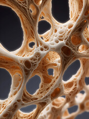 A close-up view of intricate bone structure showcasing a network of holes and textures, highlighting its natural complexity and beauty.