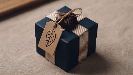 A small, dark-blue gift box with tan striped ribbon, topped with a dark chocolate and a leaf-emblazoned tag, sits on a neutral fabric
