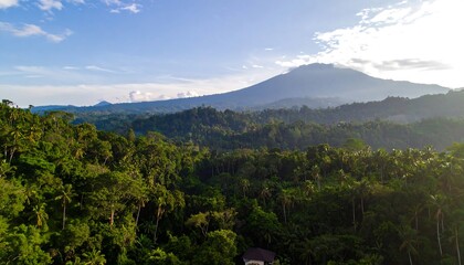 Fototapeta premium Lush green forests cascading down a hillside, meeting a distant volcanic peak under a vibrant blue sky.