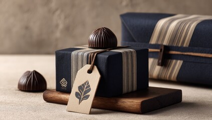 A small, dark-chocolate confection adorns a navy gift box with beige stripes, resting on a wooden block. A similar confection and larger wrapped present are subtly visible.  A simple tag is attached