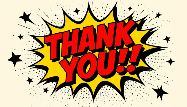 A comic book style thank you graphic with yellow burst and black stars on a light background art