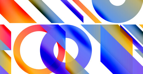 Abstract geometric composition. Vivid colors blend, creating dynamic shapes. Circles, rectangles overlap, forming modern design. Bright, energetic visual.