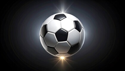 Fototapeta premium A soccer ball, with black and white panels, floats against a dark, dramatic backdrop, highlighted by illuminating light rays.