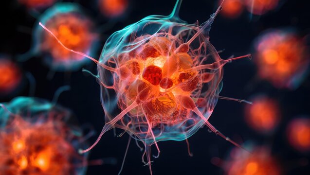 Abstract glowing microscopic cell with tendrils science