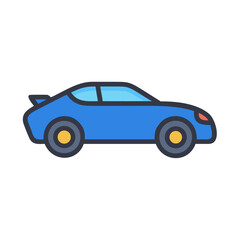 Stylized illustration of a blue sports car with spoiler on black background