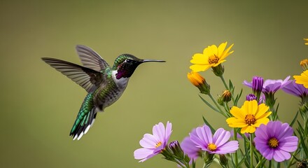 Fototapeta premium A male Ruby-throated hummingbird hovers near vibrant purple and yellow wildflowers in a garden.
