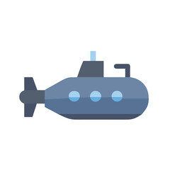 Flat illustration of a blue submarine with portholes on black background