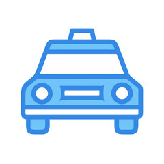 Blue car icon with white details on black background in a flat design.