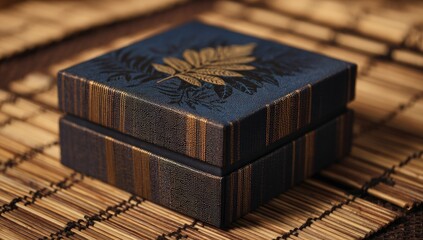 A small, square, dark-blue gift box with gold leaf design rests on a bamboo mat;  vertical gold lines accent the box