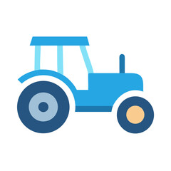 Flat design blue tractor icon on black background, illustration of farming machinery