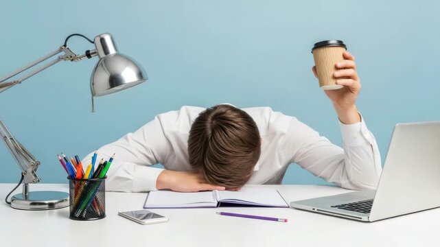 A tired man in a white shirt slumps over his desk with his head buried in a book, holding a coffee cup in his raised hand, with a laptop and desk lamp nearby