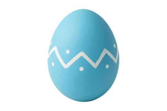 A beautifully painted blue easter egg with a white zig zag pattern and dots, isolated on a transparent background