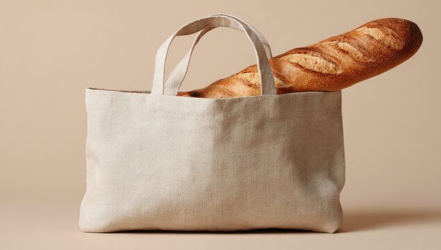 Beige canvas tote bag with a baguette