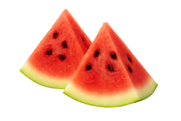 Two slices of fresh red watermelon on a light background, a hydrating and sweet summer fruit with black seeds, isolated on a transparent background