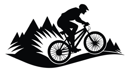 Obraz premium Mountain biker silhouette riding through mountain landscape with trees and hills in black