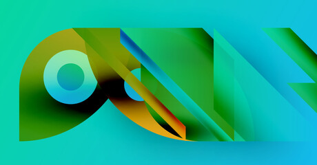 Abstract composition featuring vibrant greens, blues, oranges. Geometric shapes overlap, creating dynamic visual effect. Modern design.
