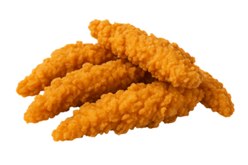 A pile of crispy fried chicken tenders or strips, a savory and delicious fast food snack, isolated on a transparent background