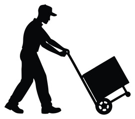 Silhouette of a delivery man pulling a hand truck with a box