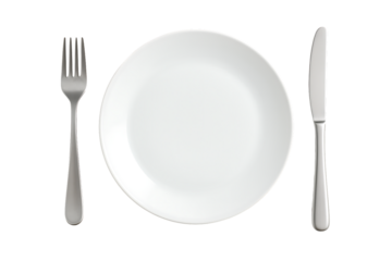 A minimalist place setting with a white ceramic plate, a silver fork on the left, and a knife on the right, isolated on a transparent background