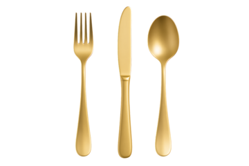 A set of golden-colored cutlery including a fork, knife, and spoon, placed side-by-side on a plain background, isolated on a transparent background