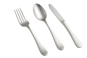 A set of silver cutlery including a fork, spoon, and knife, arranged diagonally on a white background, isolated on a transparent background