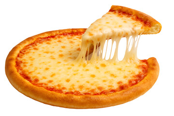 A delicious slice of cheese pizza being lifted from the full pie, with long, stretchy melted cheese strands, isolated on a transparent background