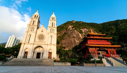 A serene cityscape view showcases a stately white cathedral and a vibrant red temple nestled amidst lush greenery and a backdrop of towering hills.