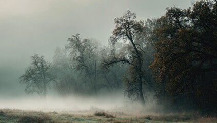 Misty forest landscape at dawn