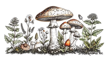 Detailed botanical illustration of mushrooms and wildflowers, featuring a collection of various fungi and foliage in a rich, earthy tone.