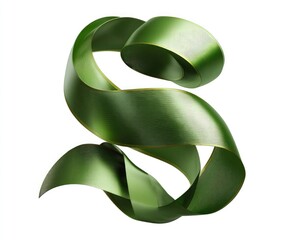 A verdant satin ribbon, elegantly swirled into an 'S' shape, features subtle gold edging, isolated on a pure white background