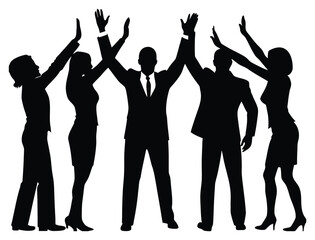 Fototapeta premium Silhouette of diverse business team celebrating achievement success with arms raised