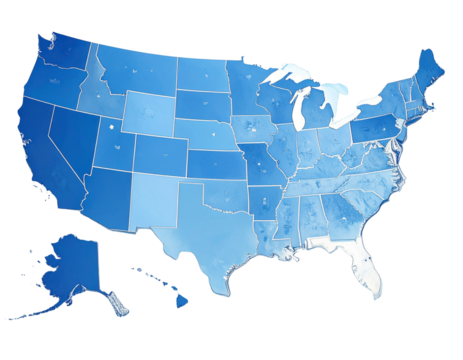 Blue and White Map of the United States Isolated on Transparent Background PNG