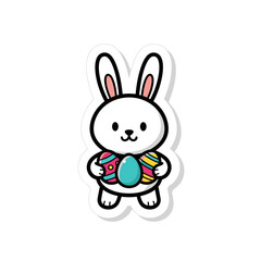 Charming cartoon white bunny holding colorful decorated Easter eggs, a delightful illustration representing spring, joy, and holiday celebrations