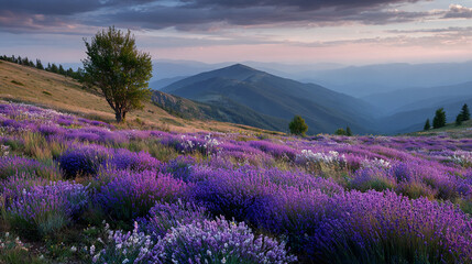 Beautiful lavender fields under a sunset sky in the mountains
