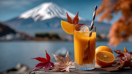 Refreshing Citrus Drink by Lake with Mount Fuji Backdrop in Autumn Colors