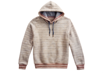 Beige textured hooded sweatshirt with striped cuffs and hem hoodie clothing isolated on a transparent background