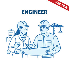 Engineers Reviewing Blueprint on a Construction Site with Crane in Background - Outline Graphic Illustration