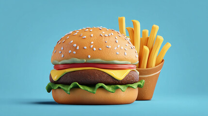 Vibrant burger and fries on a blue background