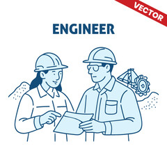 Construction Engineers Reviewing Project Plans on Site, Outline Graphic Illustration