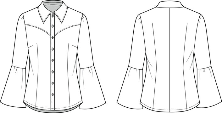Women's bell sleeve shirt fashion flat sketch, technical drawing front and back view, stylish blouse design template, vector garment illustration for fashion designers.