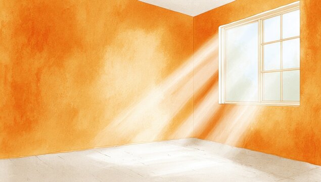 Empty room with orange walls and sunbeams