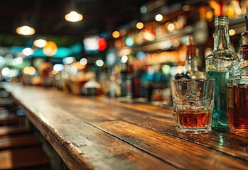 Bottles and Glasses on a Bar Surface
